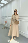Sare Fashion Cape Detailed Stone Button Skirt Set Beige