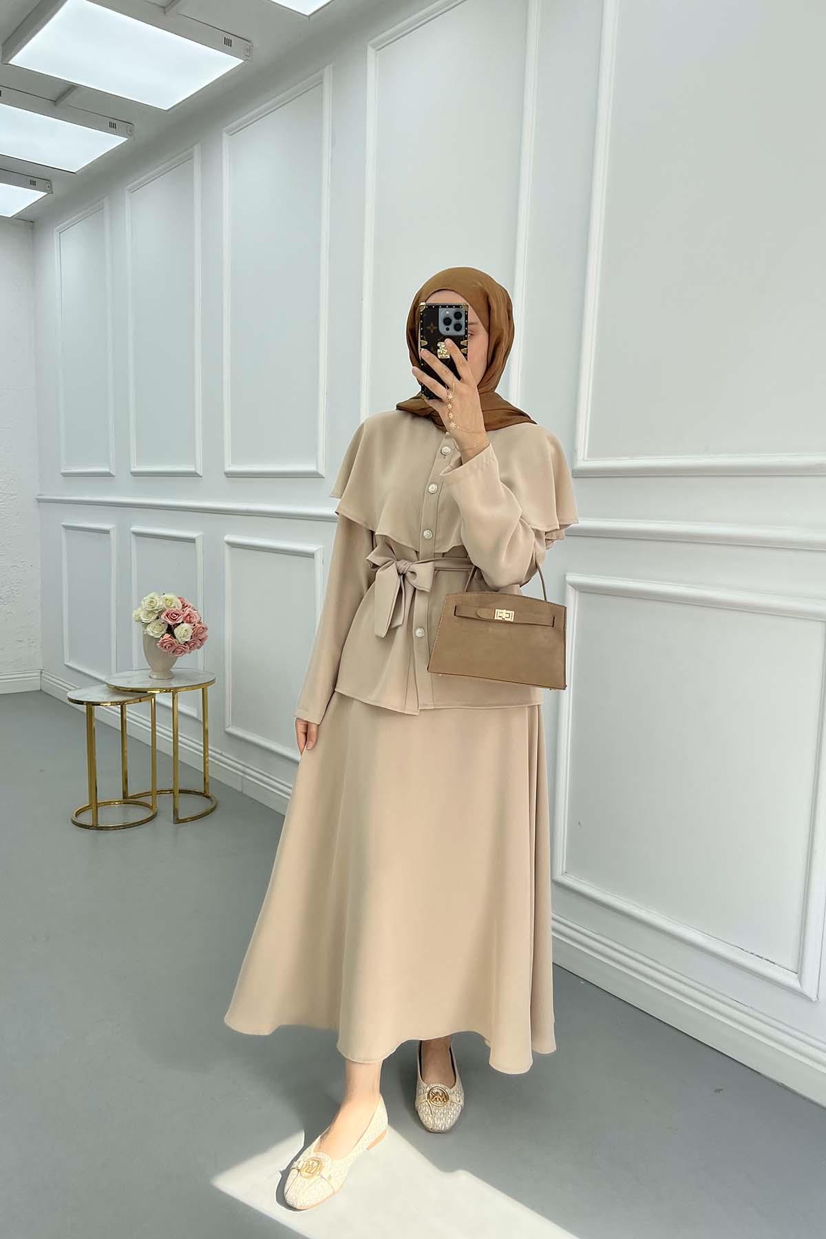 Sare Fashion Cape Detailed Stone Button Skirt Set Beige