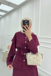 Sare Fashion Cape Detailed Stone Button Skirt Suit Claret Red