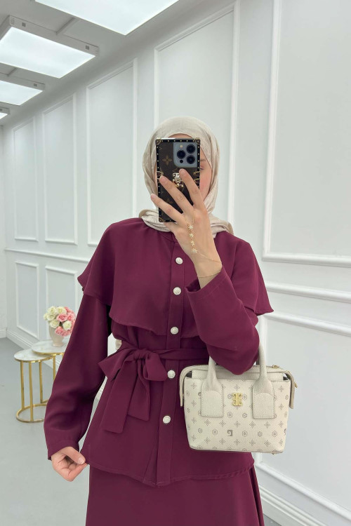 Sare Fashion Cape Detailed Stone Button Skirt Suit Claret Red