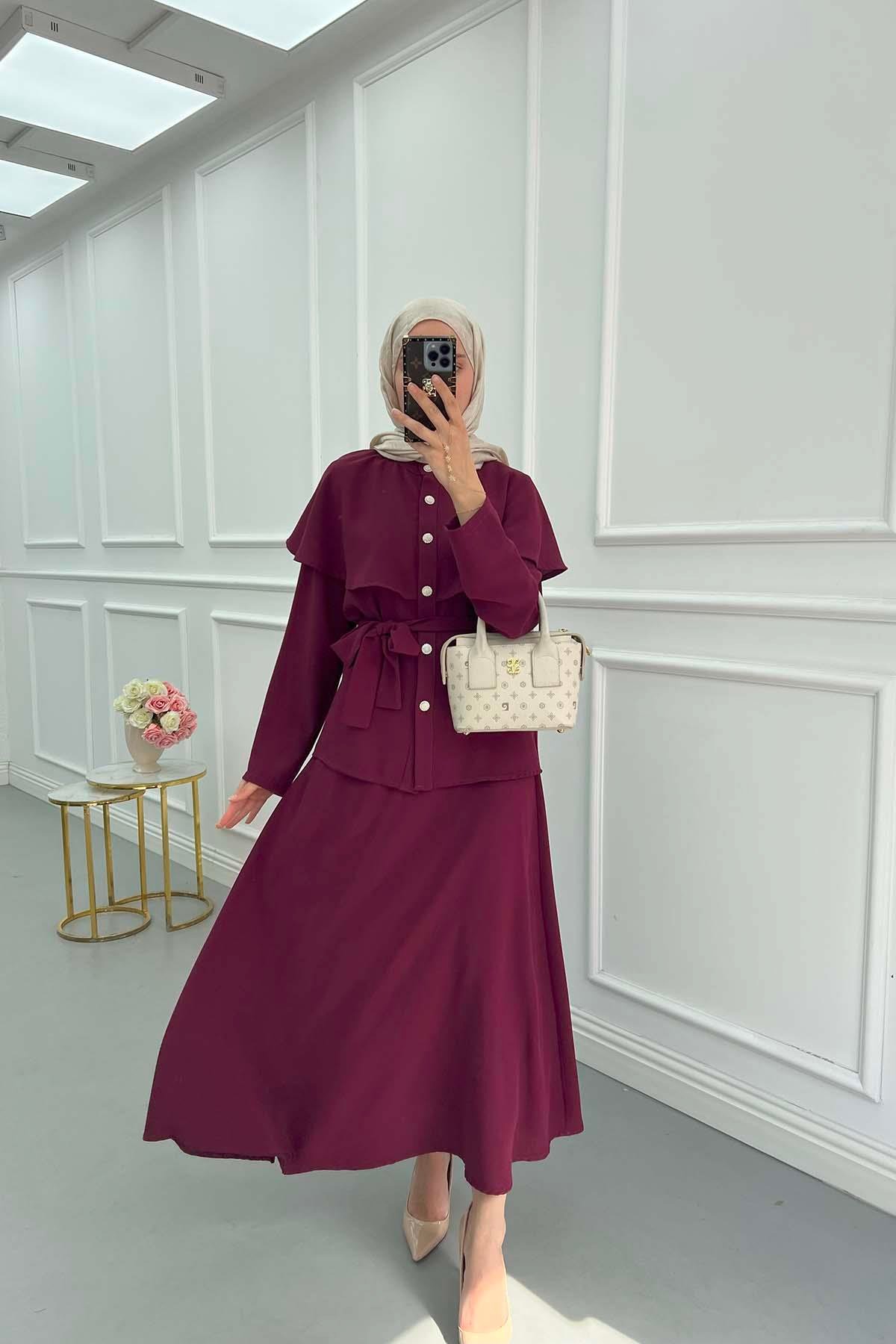 Sare Fashion Cape Detailed Stone Button Skirt Suit Claret Red
