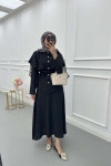 Sare Fashion Cape Detailed Stone Button Skirt Suit Black