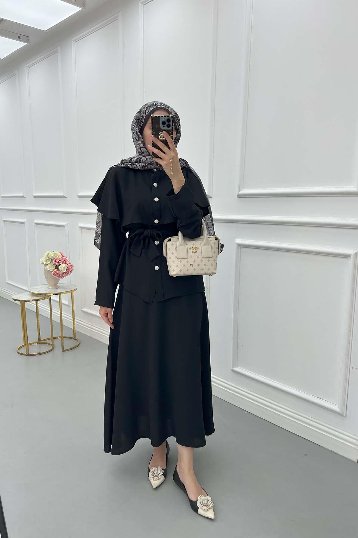 Sare Fashion Cape Detailed Stone Button Skirt Suit Black