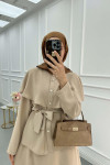 Sare Fashion Cape Detailed Stone Button Skirt Set Beige