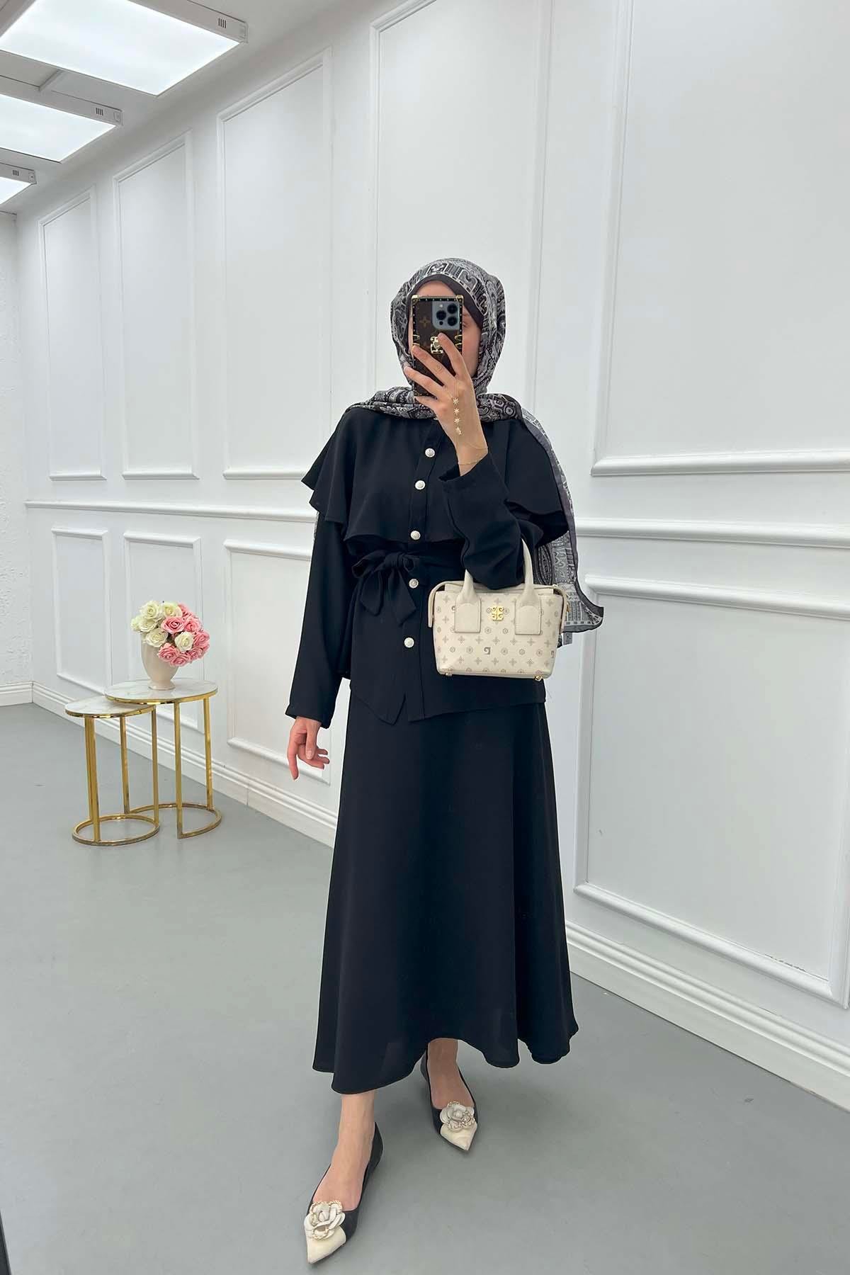 Sare Fashion Cape Detailed Stone Button Skirt Suit Black