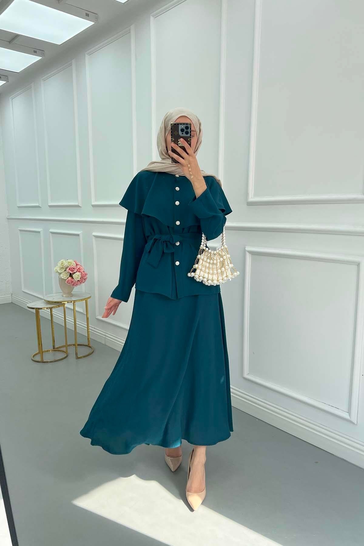 Sare Fashion Cape Detailed Stone Button Skirt Suit Petrol Green