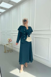 Sare Fashion Cape Detailed Stone Button Skirt Suit Petrol Green