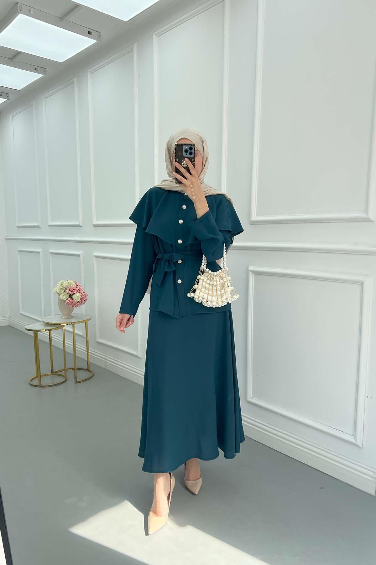 Sare Fashion Cape Detailed Stone Button Skirt Suit Petrol Green