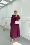 Sare Fashion Cape Detailed Stone Button Skirt Suit Claret Red