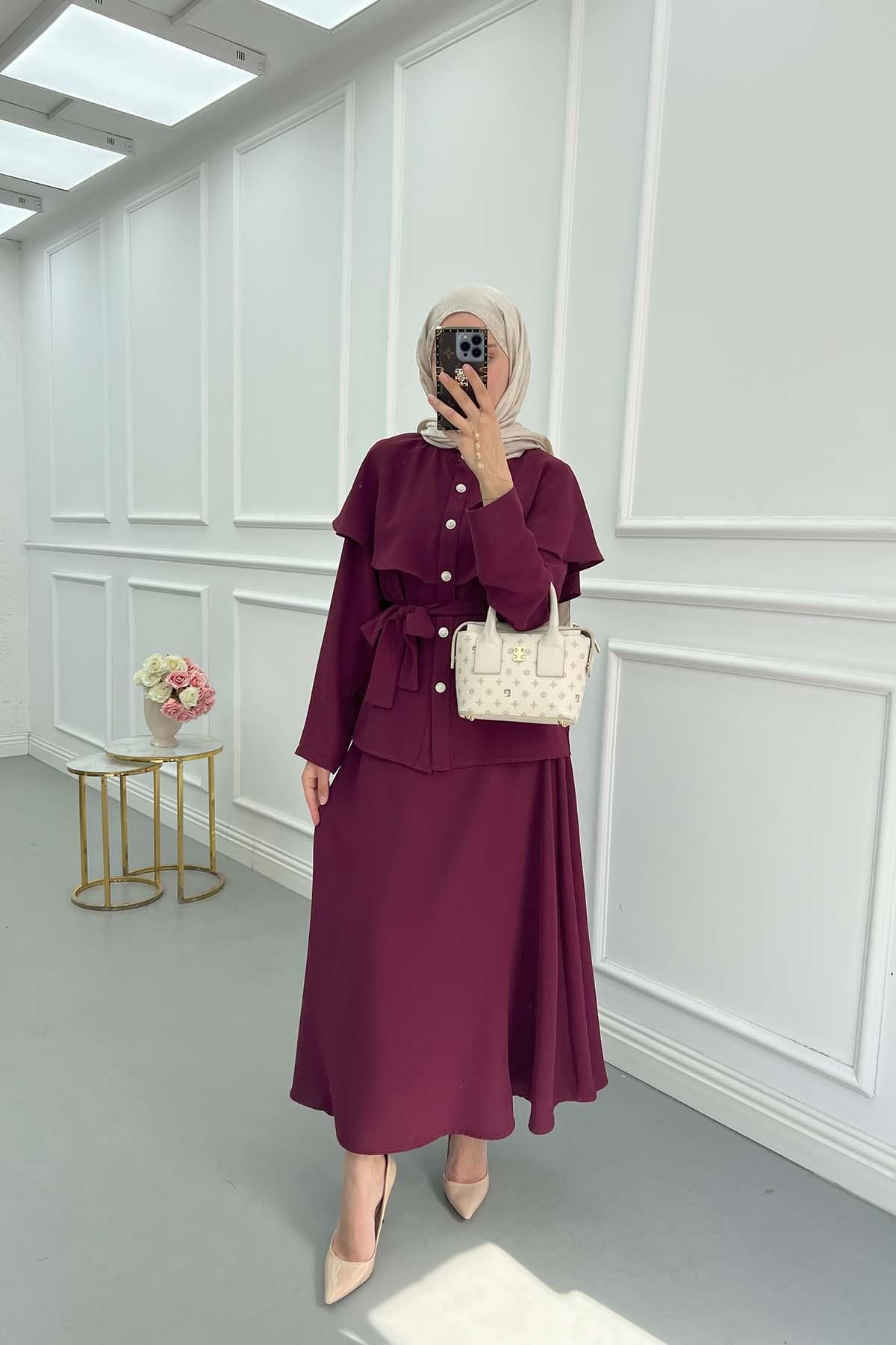 Sare Fashion Cape Detailed Stone Button Skirt Suit Claret Red