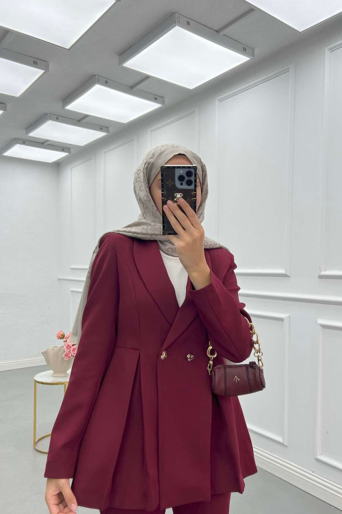 Sare Fashion Double Crepe Jacket Suit with Dart Detail, Burgundy Sare Fashion Double Crepe Jacket Suit with Dart Detail, Burgundy