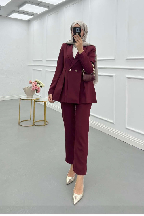 Sare Fashion Double Crepe Jacket Suit with Dart Detail, Burgundy Sare Fashion Double Crepe Jacket Suit with Dart Detail, Burgundy