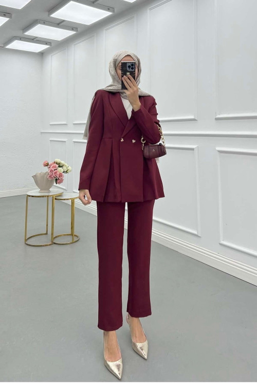 Sare Fashion Double Crepe Jacket Suit with Dart Detail, Burgundy Sare Fashion Double Crepe Jacket Suit with Dart Detail, Burgundy