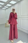 Sare Fashion Dart Detail Hidden Button Shirt Set Burgundy