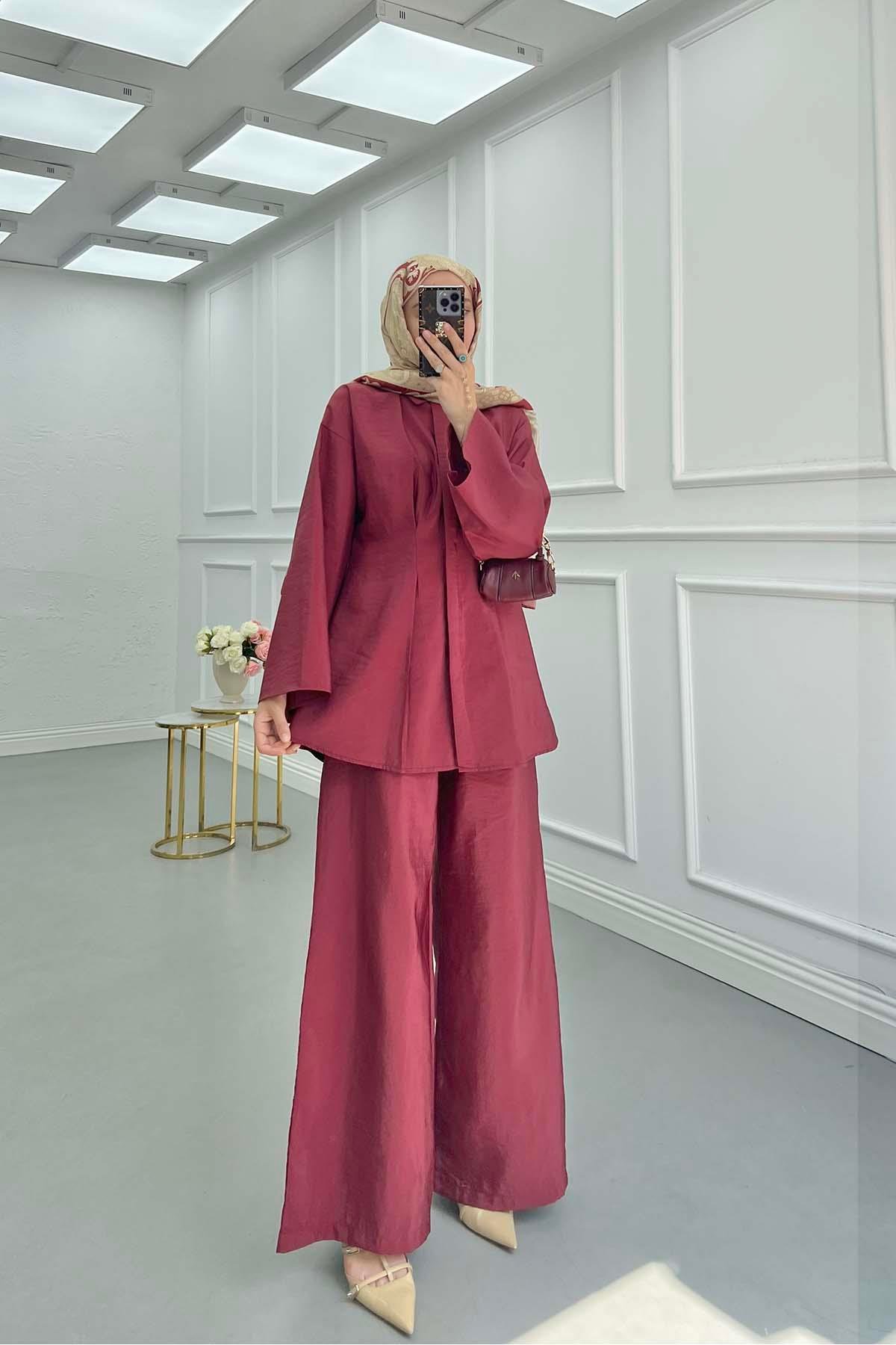Sare Fashion Dart Detail Hidden Button Shirt Set Burgundy