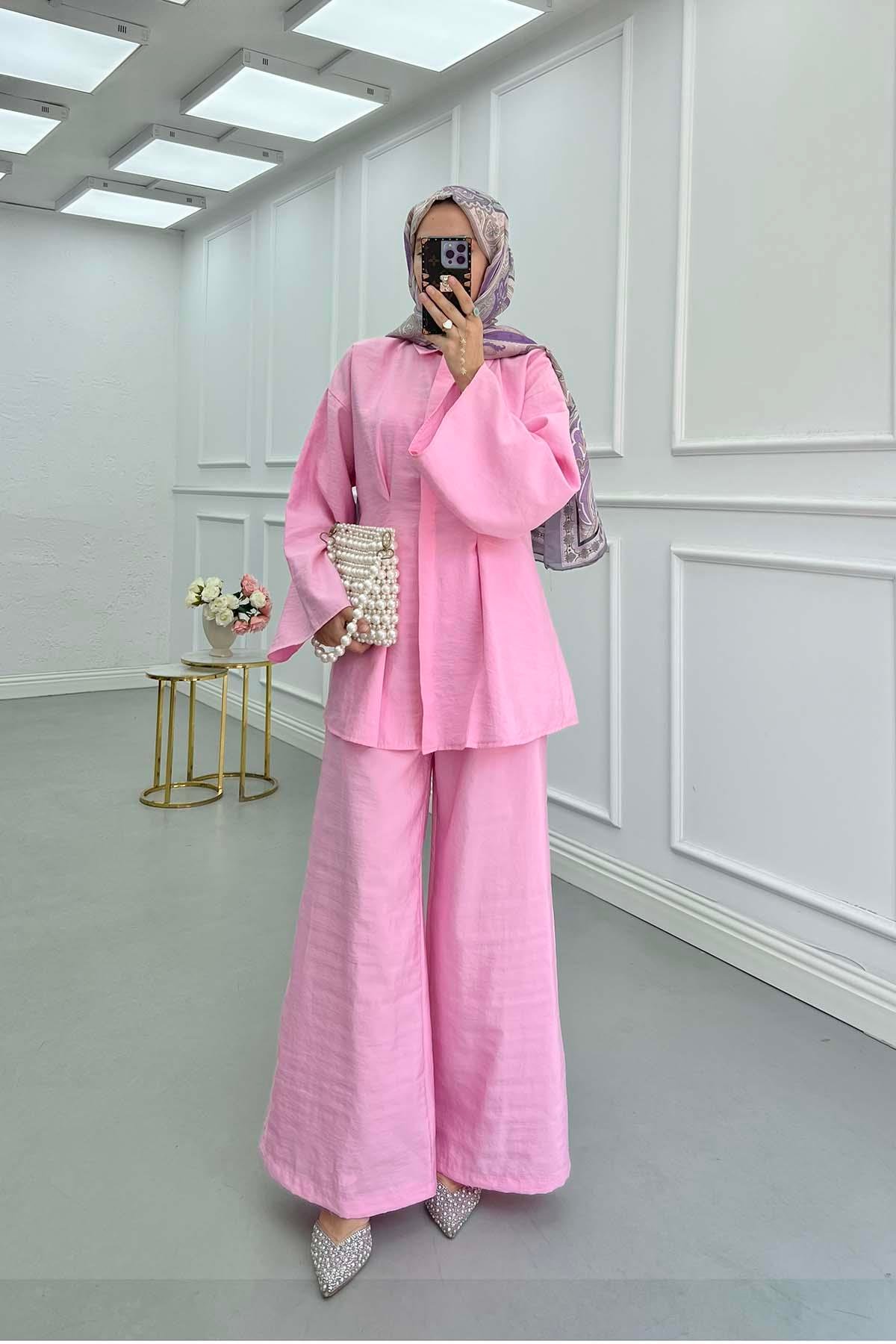 Sare Fashion Dart Detail Hidden Button Shirt Set Pink