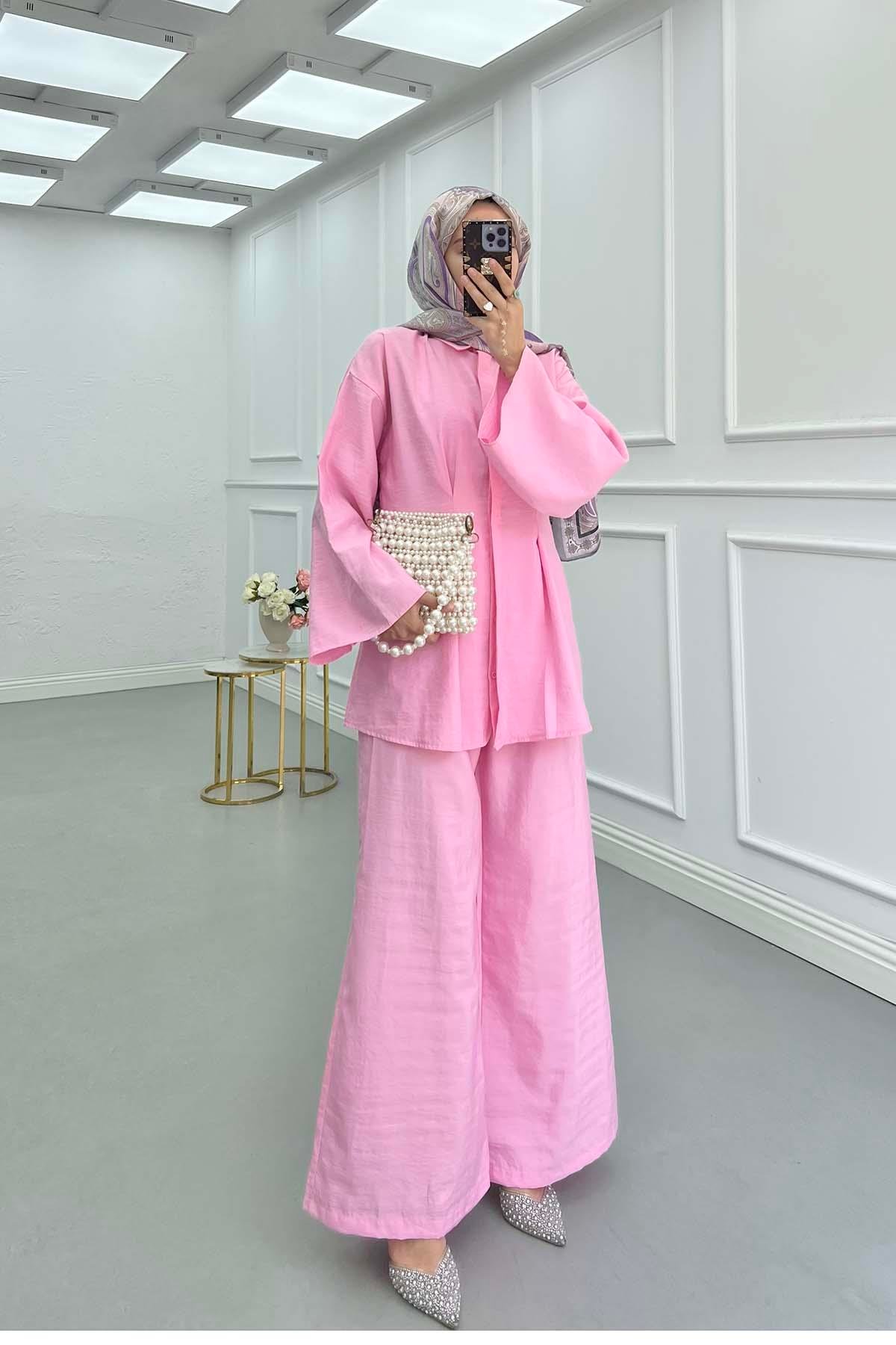 Sare Fashion Dart Detail Hidden Button Shirt Set Pink