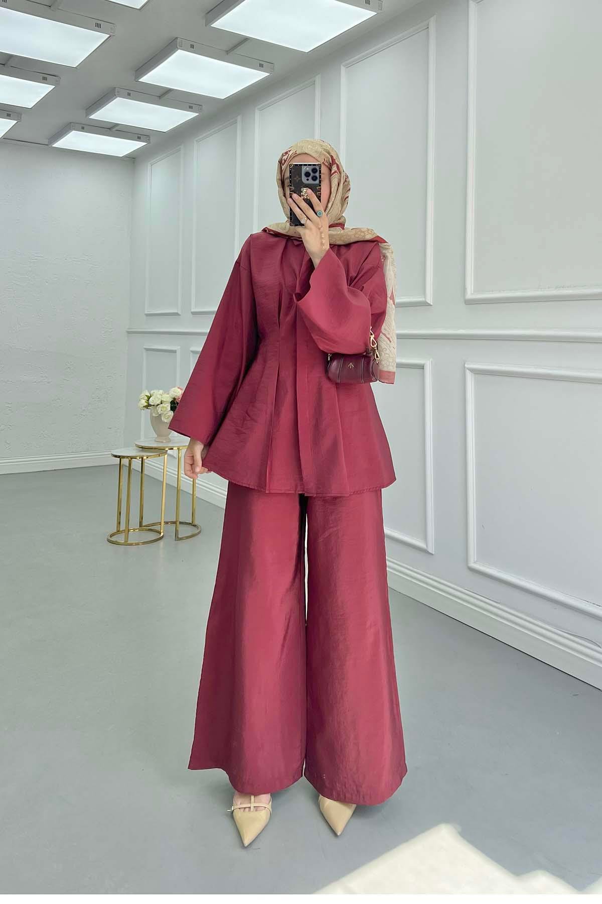 Sare Fashion Dart Detail Hidden Button Shirt Set Burgundy