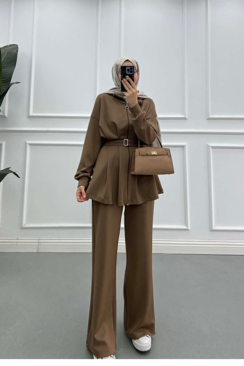 Sare Fashion Dart Detailed Belted Scuba Suit Brown Sare Fashion Dart Detailed Belted Scuba Suit Brown