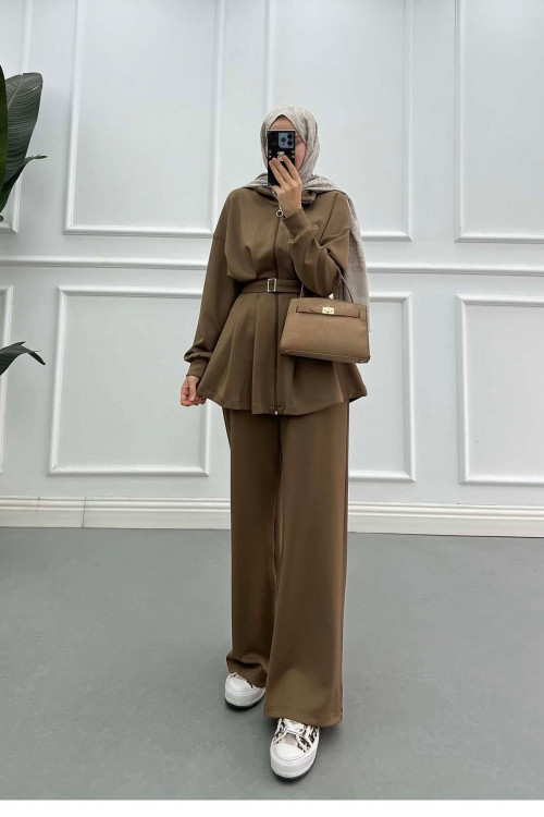 Sare Fashion Dart Detailed Belted Scuba Suit Brown Sare Fashion Dart Detailed Belted Scuba Suit Brown