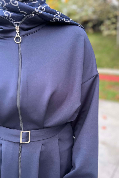 Sare Fashion Dart Detailed Belted Scuba Suit Navy Blue Sare Fashion Dart Detailed Belted Scuba Suit Navy Blue