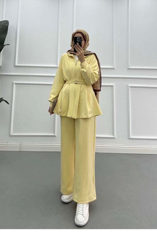 Sare Fashion Dart Detailed Belted Scuba Suit Oil Yellow Sare Fashion Dart Detailed Belted Scuba Suit Oil Yellow