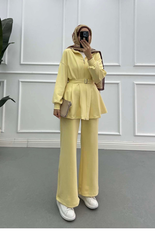 Sare Fashion Dart Detailed Belted Scuba Suit Oil Yellow Sare Fashion Dart Detailed Belted Scuba Suit Oil Yellow