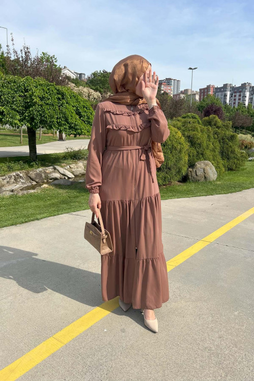 Sare Fashion Pleated Detailed Abaya in Taba