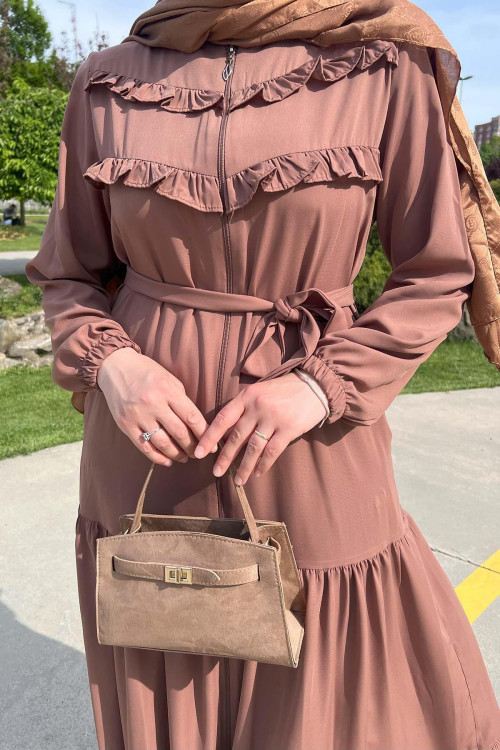 Sare Fashion Pleated Detailed Abaya in Taba