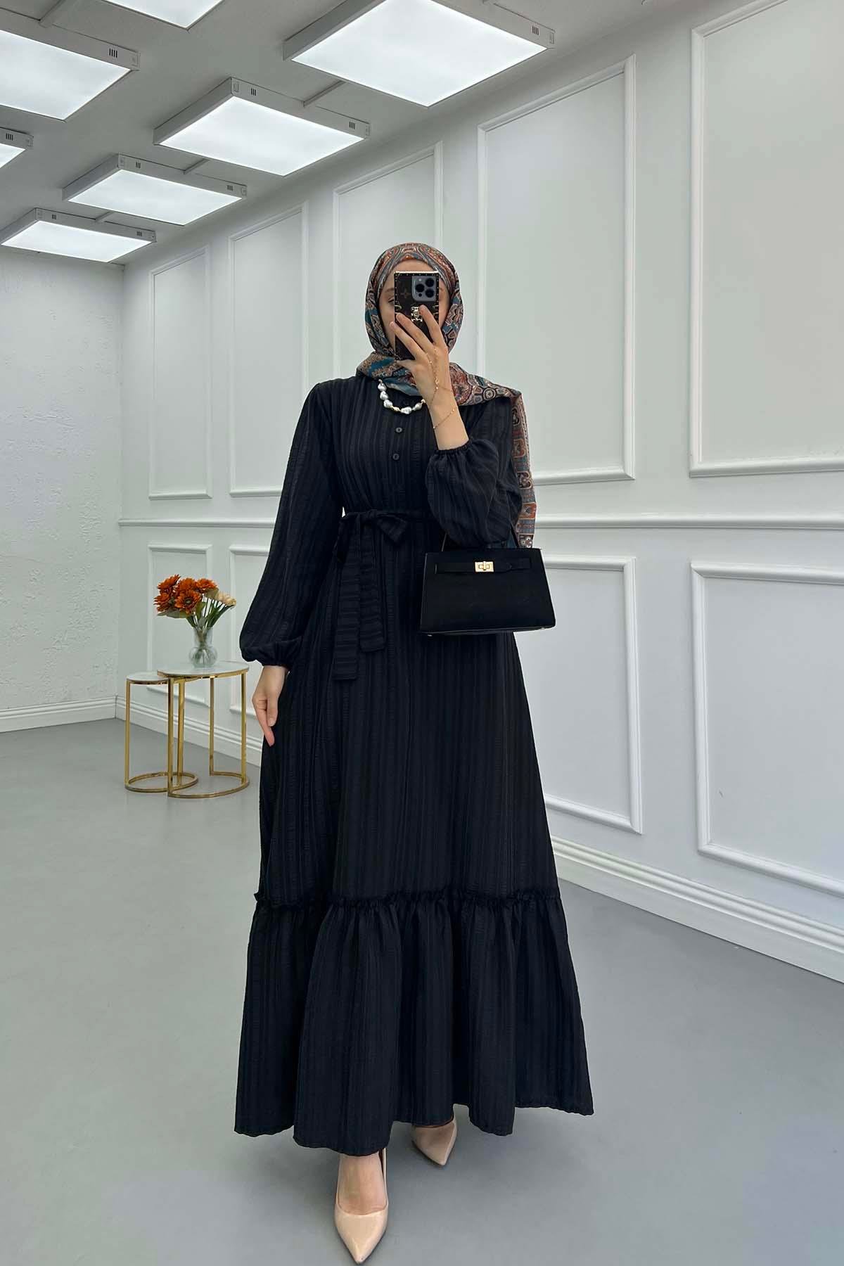 Sare Fashion Pleated Half Button Dress Black