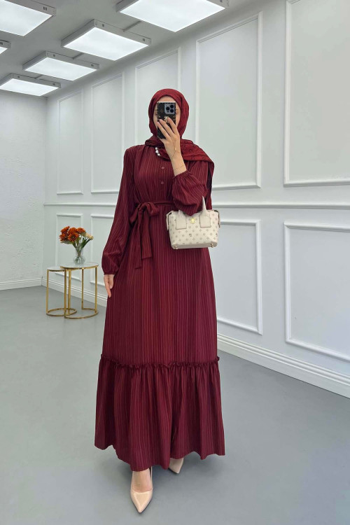 Sare Fashion Pleated Half Buttoned Viscose Dress Burgundy