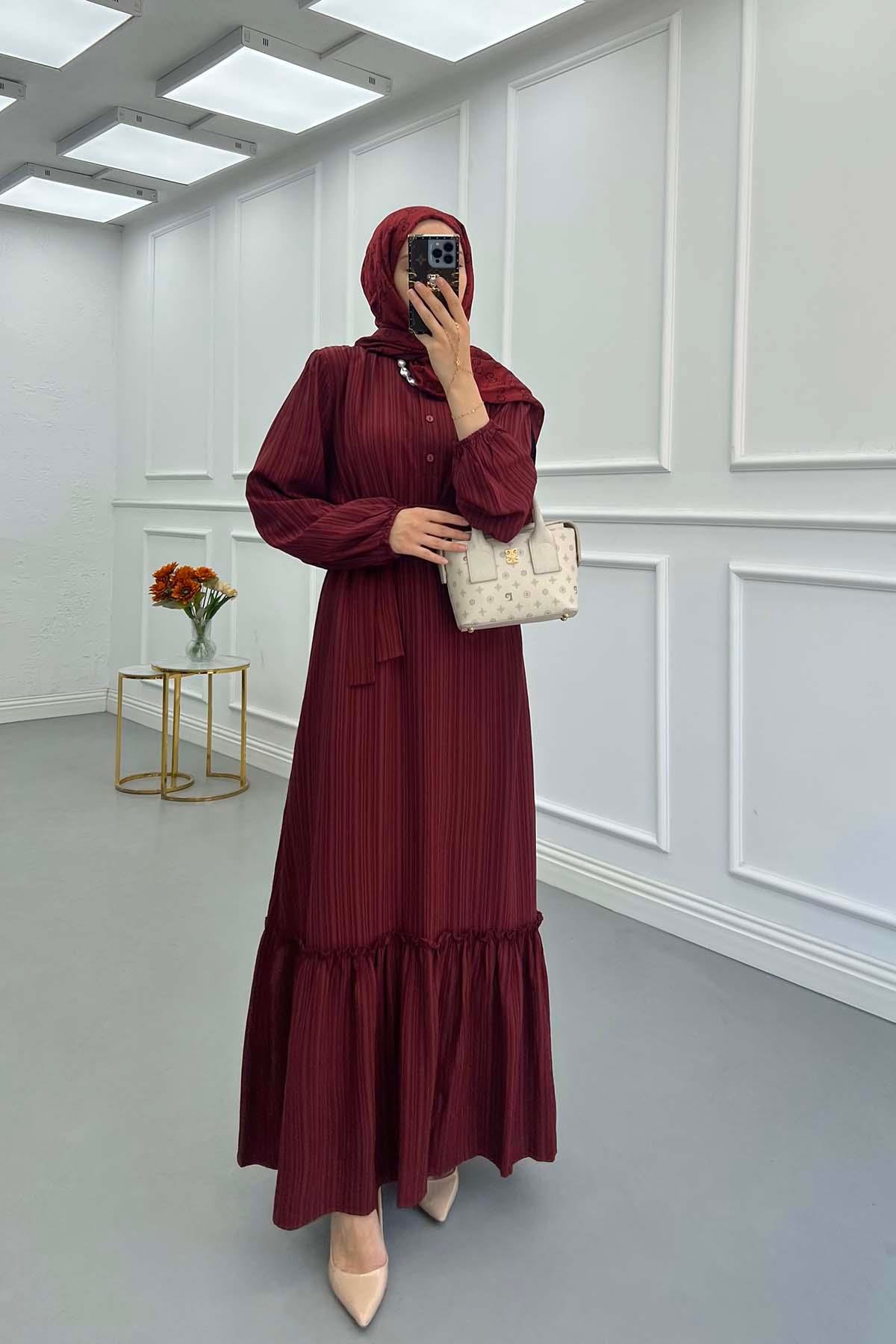 Sare Fashion Pleated Half Buttoned Viscose Dress Burgundy