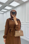 Sare Fashion Pleated Half Buttoned Viscose Dress Brown