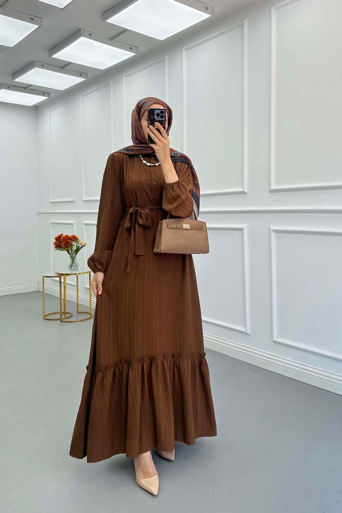 Sare Fashion Pleated Half Buttoned Viscose Dress Brown