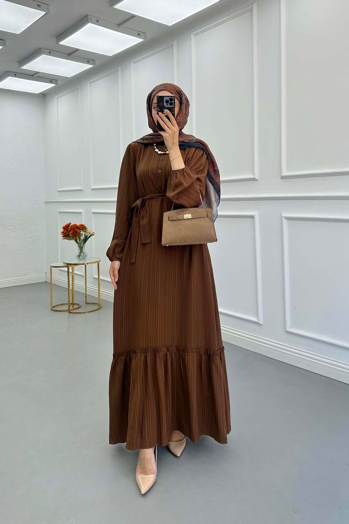 Sare Fashion Pleated Half Buttoned Viscose Dress Brown