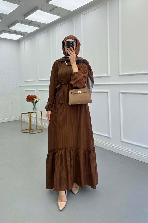 Sare Fashion Pleated Half Buttoned Viscose Dress Brown