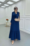 Sare Fashion Pleated Half Buttoned Viscose Dress Navy Blue