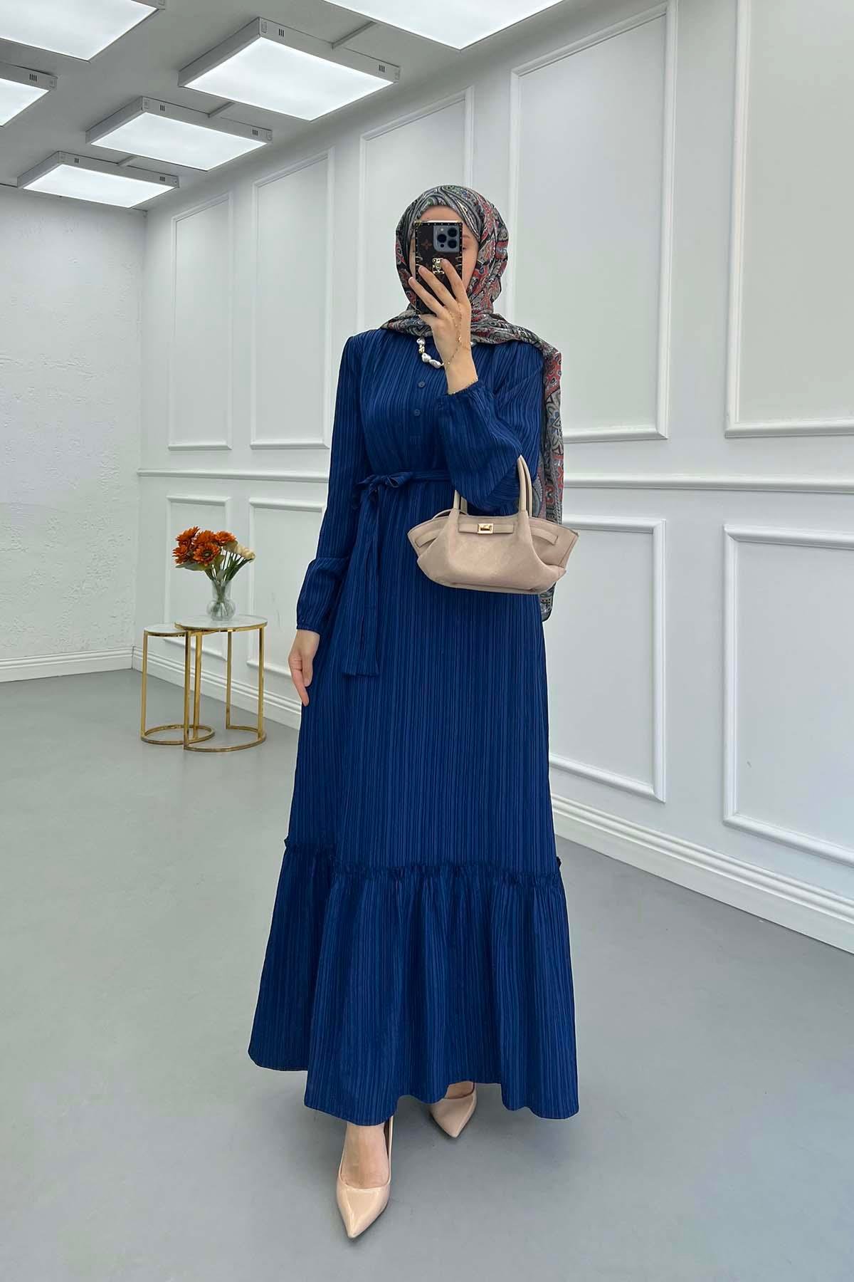 Sare Fashion Pleated Half Buttoned Viscose Dress Navy Blue