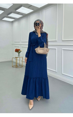 Sare Fashion Pleated Half Buttoned Viscose Dress Navy Blue