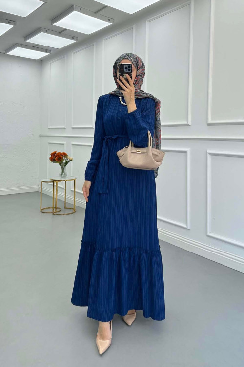 Sare Fashion Pleated Half Buttoned Viscose Dress Navy Blue