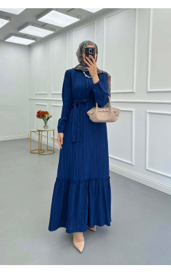 Sare Fashion Pleated Half Buttoned Viscose Dress Navy Blue