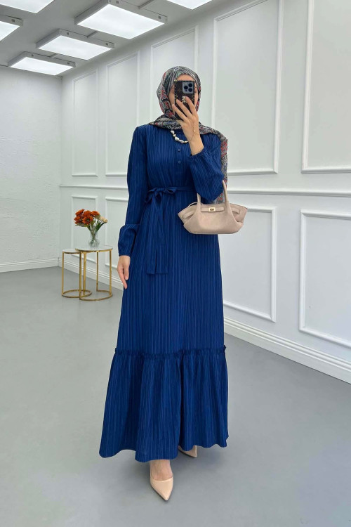 Sare Fashion Pleated Half Buttoned Viscose Dress Navy Blue