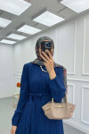 Sare Fashion Pleated Half Buttoned Viscose Dress Navy Blue