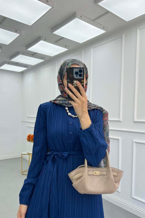 Sare Fashion Pleated Half Buttoned Viscose Dress Navy Blue