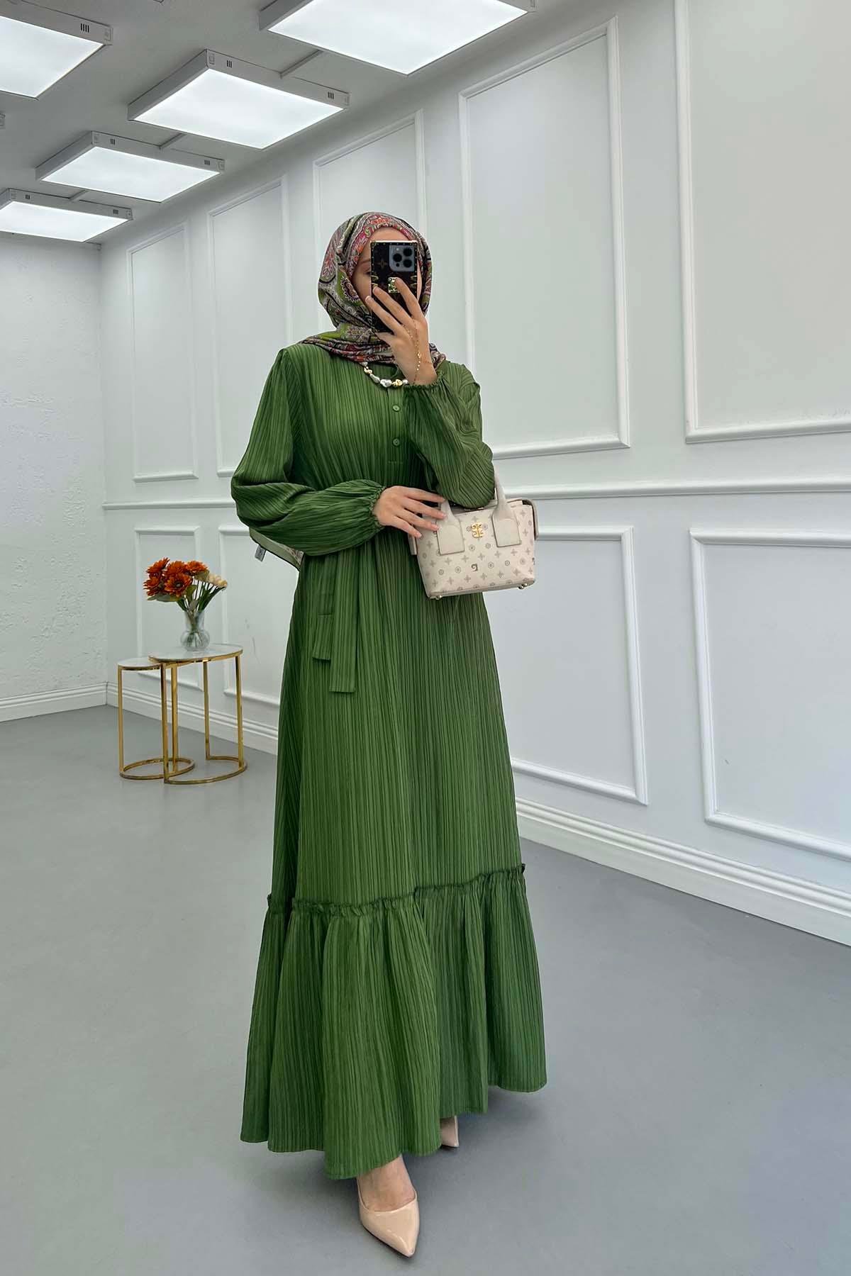 Sare Fashion Pleated Half Buttoned Viscose Dress Green
