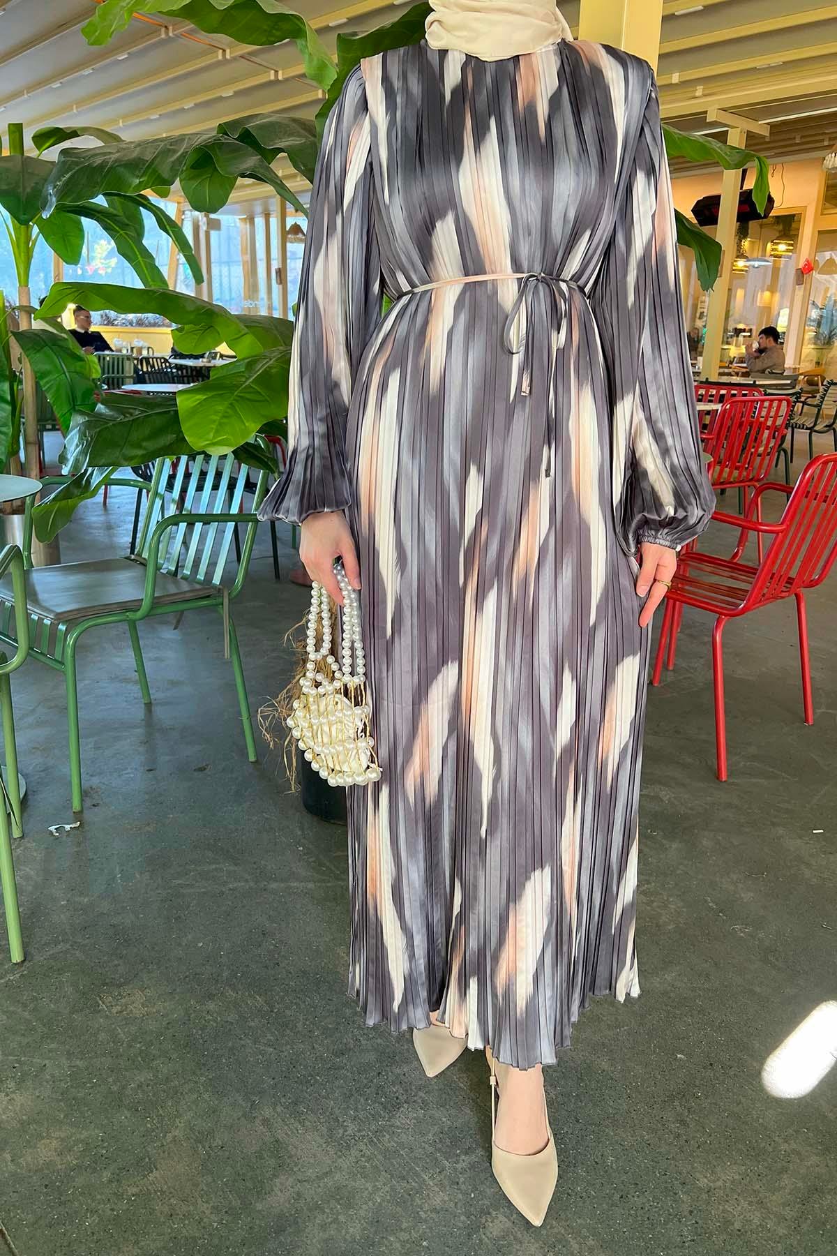 Sare Fashion Pleated Balloon Sleeve Dress Gray