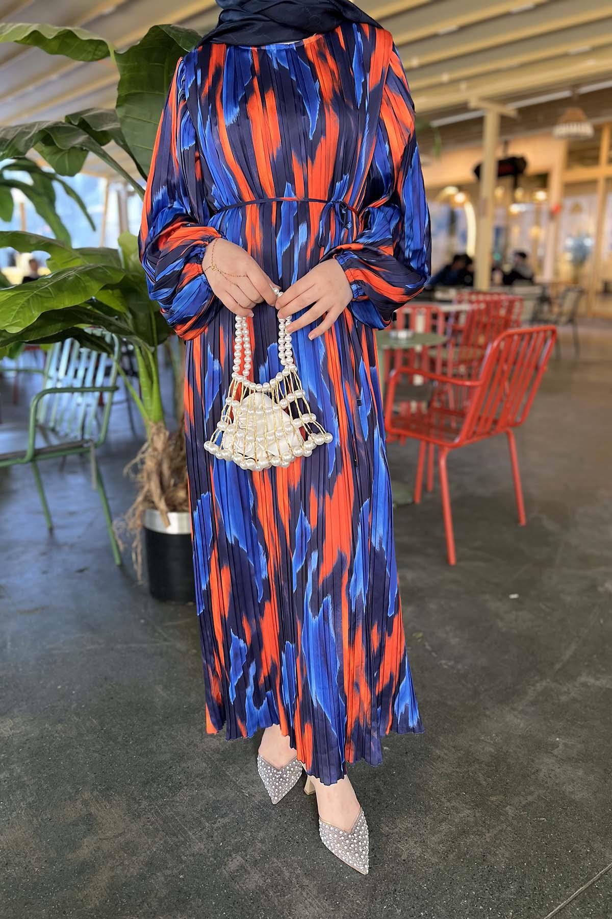 Sare Fashion Pleated Balloon Sleeve Dress Navy Blue