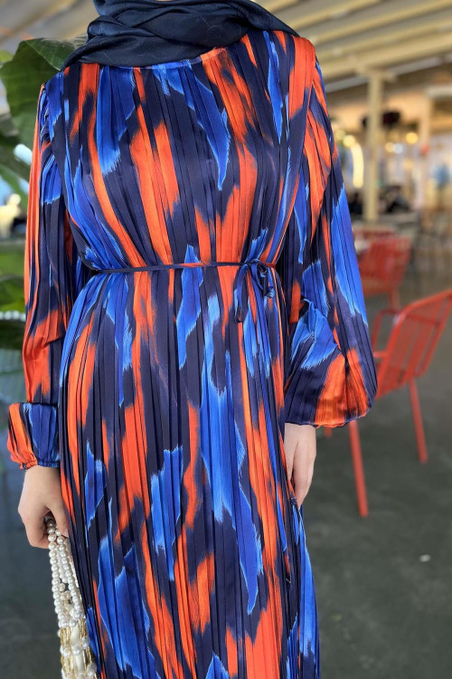 Sare Fashion Pleated Balloon Sleeve Dress Navy Blue