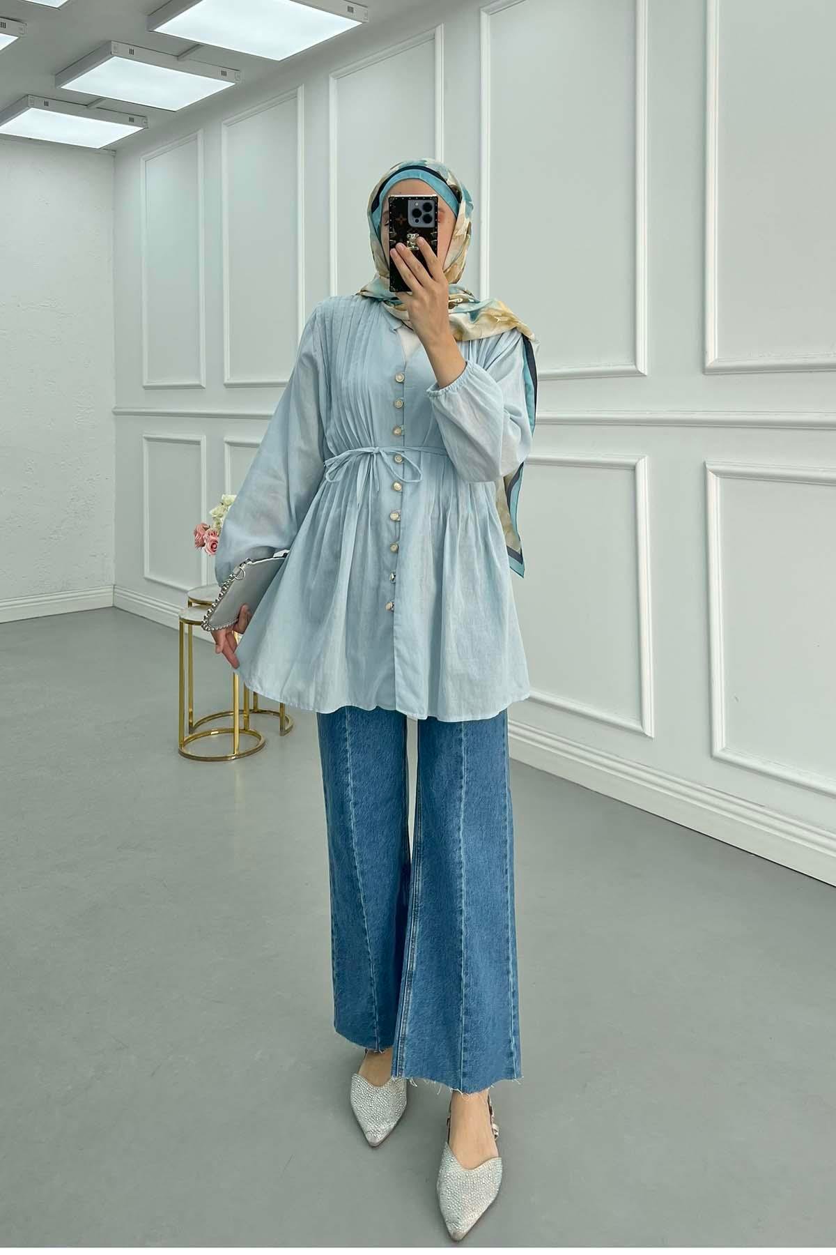 Sare Fashion Pleated Button Detailed Shirt Baby Blue