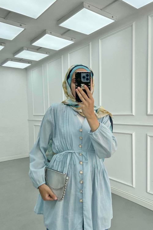 Sare Fashion Pleated Button Detailed Shirt Baby Blue